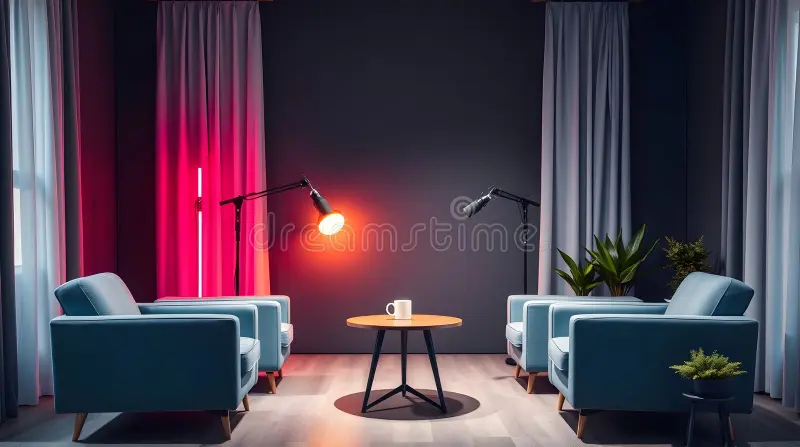 contemporary indoor podcast setup featuring two blue cushioned armchairs facing each other plush rug small round table sits 365843852