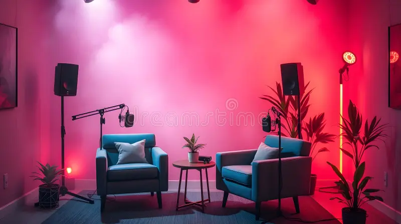 contemporary indoor podcast setup featuring two blue cushioned armchairs facing each other plush rug small round table sits 365844398