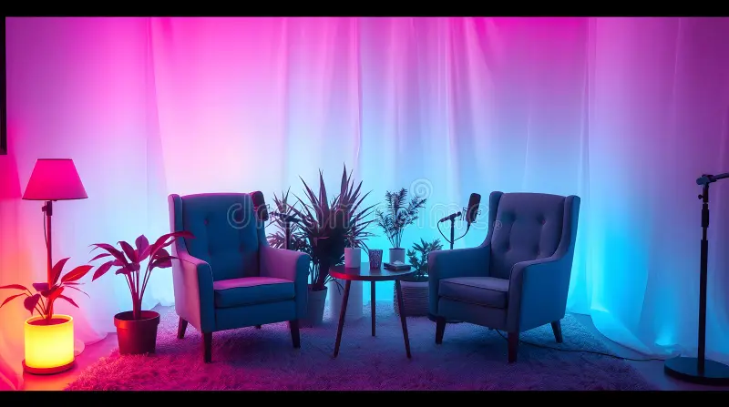 indoor set podcast microphone chair placed set up interview discussion contemporary indoor podcast setup 365844569