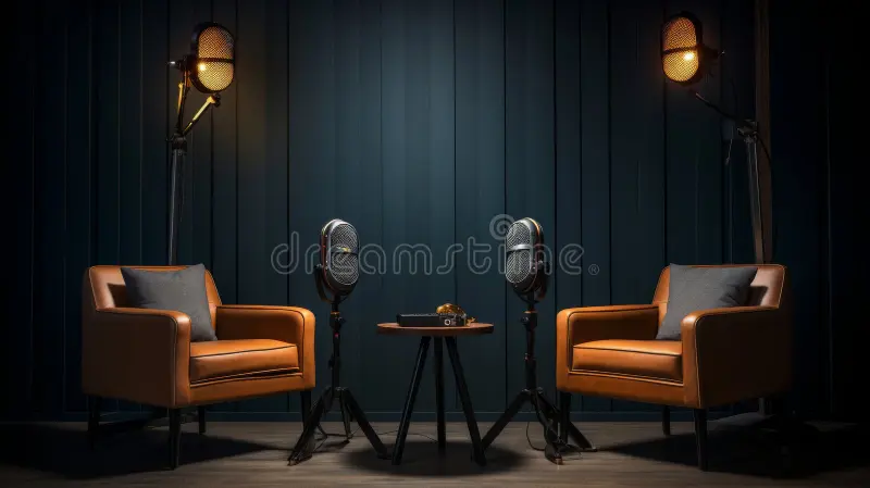 professional podcast studio setup two microphones leather chairs generative ai 317171344
